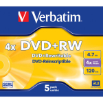 "verbatim dvd+rw", matinis sidabrinis, 43229, 4,7 gb, 4x, dėžutė su brangakmeniais, 5 vnt., be spausdinimo galimybės, 12 cm, skirtas duomenų archyvavimui