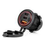 Vandeniui atsparus telefono įkroviklis su raudonu LED ap&scaron;vietimu, USB + 2xUSB C QC3.0 12/24V AMIO-04227