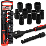 FORCEKRAFT 1/2" reketinių lizdų rinkinys, reketinis prailgintuvas 12 ELEMENTŲ 10-24 mm