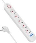 Maclean prailgintuvas su 5 lizdais ir 3 Usb, 1.5m, baltas