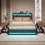 Lova 140 &times; 200 cm, su LED ap&scaron;vietimu ir USB jungtimi, keturiais stalčiais, dvigulė lova, pilka, aksominis audinys.