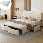 Lova 160&times;200CM, su čiužiniu, 4 stalčiais, LED ap&scaron;vietimu, PU, ​​​​balta