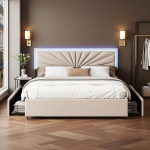 Lova 140 x 200 cm, su LED ap&scaron;vietimu, smėlio spalvos linas