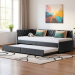 Sofa-lova 90/180x200 cm su grotelių pagrindu, aksominis audinys, pilka