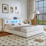 Dvigulė lova, 140 x 200 cm, su USB įkrovimo, LED ap&scaron;vietimu, balta, PU