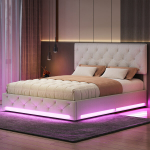 Lova 140 x 200 cm, su LED ap&scaron;vietimu, reguliuojamo auk&scaron;čio galvūgaliu, smėlio spalvos
