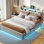 Mink&scaron;ta lova su LED ap&scaron;vietimu ir 2 USB įkrovimo prievadais, lovos rėmas su grotelėmis, 160x200 cm, pilkas aksomas, be čiužinio