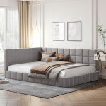 Polsteriuota lova 140x200 cm, miegamoji sofa, lattenrost, pilka aksomas