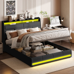 Dvigulė lova 160x200 cm, apmu&scaron;ta lova su LED ap&scaron;vietimu, PU, ​​juoda, be čiužinio
