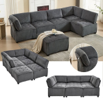 Modulinė sofa 6 vietų, kordas, ergonominė, su ki&scaron;enėmis, U/L forma, miegama, pilka