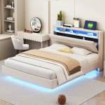 Polsteriuota lova 140x200 cm su USB, LED ap&scaron;vietimu, apverčiamu galvūgaliu, dvigulė, lino audinys, smėlio spalva