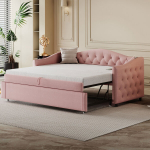 Polsterinė i&scaron;traukiama lova 90x200 cm su USB, klasikinė forma, lino, rožinė, be čiužinio