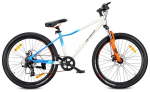 26 colių MTB kalnų dviratis Shimano 7 greičių su amortizatoriumi, diskiniais stabdžiais ir stoveliu Verdant Calix &ndash; baltas, mėlynas, oranžinis