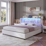 Mink&scaron;ta lova su LED ap&scaron;vietimu, USB ir C tipo prievadai, sotorage galvūgalis, 160x200 cm, balta PU oda, be čiužinio