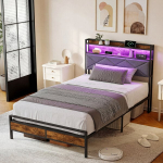 Viengulė lova 90 x 200 cm, su programėle valdoma LED lempute, USB Type-C jungtimi, juoda, lininė