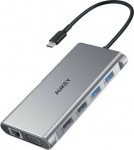 Aukey aliuminio USB-C 10-in-1 centras su RJ45 Ethernet 10/100/1000Mbps, 4xUSB, HDMI 4k@30Hz, SD/microSD, USB-C galios tiekimas 100W, sidabrinis, 24 mėn. garantija