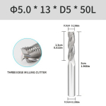 Trijų briaunų frezavimo antgalis aliuminiui/variui 5x50mm, 5*D5*50L