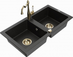 Granitinė virtuvinė plautuvė Mexen Mario su mai&scaron;ytuvu ir sifonu, Metallic black/silver+Gold