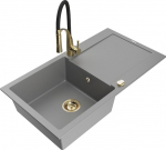 Granitinė virtuvinė plautuvė Mexen Leo su mai&scaron;ytuvu ir sifonu, Grey+Black/Gold