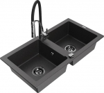 Granitinė virtuvinė plautuvė Mexen Mario su mai&scaron;ytuvu ir sifonu, Black granite+Black/Chrome