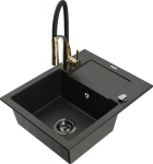 Granitinė virtuvinė plautuvė Mexen Enzo su mai&scaron;ytuvu ir sifonu, Metallic black/gold+Black/Gold