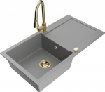 Granitinė virtuvinė plautuvė Mexen Leo su mai&scaron;ytuvu ir sifonu, Grey+Gold
