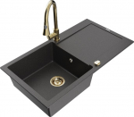 Granitinė virtuvinė plautuvė Mexen Leo su mai&scaron;ytuvu ir sifonu, Black granite+Gold