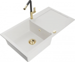 Granitinė virtuvinė plautuvė Mexen Leo su mai&scaron;ytuvu ir sifonu, White+Black/Gold
