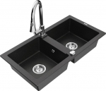 Granitinė virtuvinė plautuvė Mexen Mario su mai&scaron;ytuvu ir sifonu, Metallic black/silver+Chrome