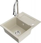 Granitinė virtuvinė plautuvė Mexen Enzo su mai&scaron;ytuvu ir sifonu, Beige+Chrome