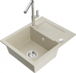 Granitinė virtuvinė plautuvė Mexen Enzo su mai&scaron;ytuvu ir sifonu, Beige+Chrome