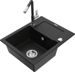 Granitinė virtuvinė plautuvė Mexen Enzo su mai&scaron;ytuvu ir sifonu, Black+Black/Chrome