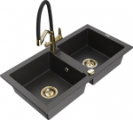 Granitinė virtuvinė plautuvė Mexen Mario su mai&scaron;ytuvu ir sifonu, Black granite+Black/Gold