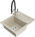 Granitinė virtuvinė plautuvė Mexen Enzo su mai&scaron;ytuvu ir sifonu, Beige+Black/Chrome