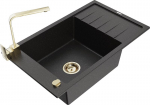 Granitinė virtuvinė plautuvė Mexen Elias su mai&scaron;ytuvu ir sifonu, Metallic black/silver+Gold