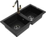 Granitinė virtuvinė plautuvė Mexen Mario su mai&scaron;ytuvu ir sifonu, Black+Black/Gold
