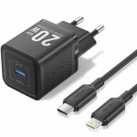 Įkroviklis EU ki&scaron;tukui, Type-C, 20W, GaN, USB-C į Lightning kabelis, 1m - Vention (TZ-FEPB0-EU-02) - Juodas