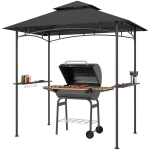 "Outsunny" BBQ pavėsinė su LED 240 x 150 x 258 cm vandens nepraleidžianti liepsnai atspari sodo pavėsinė su dvisluoksniu stogu, &scaron;oniniais stovais, pavėsinės su UV apsauga, BBQ pavėsinė vakarėliams BBQ tamsiai pilka