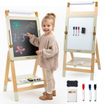 Reguliuojama medinė edukacinė lenta Mamabrum 3-in-1 &ndash; magnetinė, kreidinė, molbertas su popieriumi