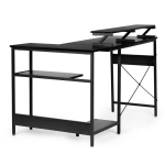 Kampinis kompiuterio stalas su 3 juodomis lentynomis