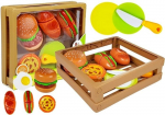 Žaisliniai maisto produktai su lipdukais dėžėje, burgeris