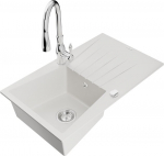Granitinė virtuvinė plautuvė Mexen Cesar su mai&scaron;ytuvu ir sifonu, White/Chrome