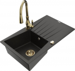 Granitinė virtuvinė plautuvė Mexen Cesar su mai&scaron;ytuvu ir sifonu, Metallic black/Gold