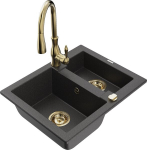 Granitinė virtuvinė plautuvė Mexen Carlos su mai&scaron;ytuvu ir sifonu, Black granite+Gold