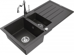 Granitinė virtuvinė plautuvė Mexen Andres su mai&scaron;ytuvu ir sifonu, Black granite/Chrome