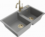 Granitinė virtuvinė plautuvė Mexen Tomas su mai&scaron;ytuvu ir sifonu, Grey/Gold