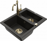 Granitinė virtuvinė plautuvė Mexen Carlos su mai&scaron;ytuvu ir sifonu, Metallic black/gold+Gold
