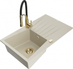 Granitinė virtuvinė plautuvė Mexen Cesar su mai&scaron;ytuvu ir sifonu, Beige/Black/Gold