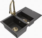 Granitinė virtuvinė plautuvė Mexen Gaspar su mai&scaron;ytuvu ir sifonu, Black granite/Gold