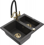 Granitinė virtuvinė plautuvė Mexen Carlos su mai&scaron;ytuvu ir sifonu, Black granite+Black/Gold